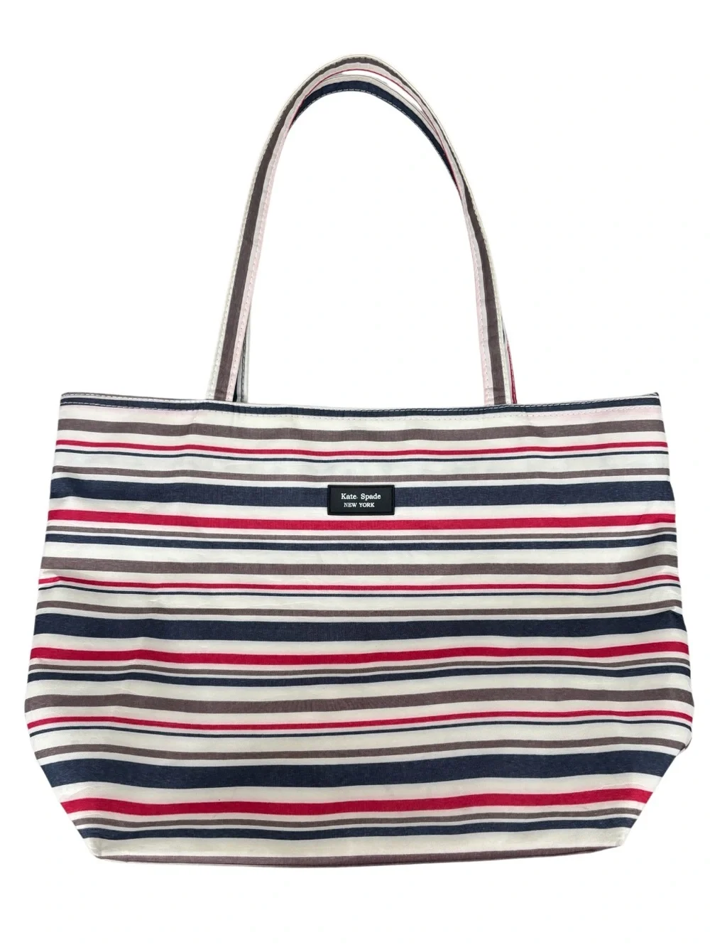 Kate Spade Striped Shoulder Bag Tote Tan Red Navy Travel Nautical Coastal Luxury